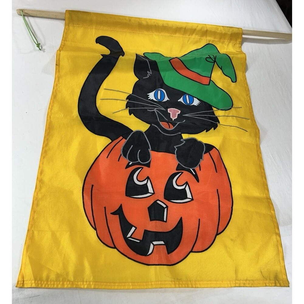 Vintage Large Halloween Cat Witch Hat Jack-O'-Lantern Flag